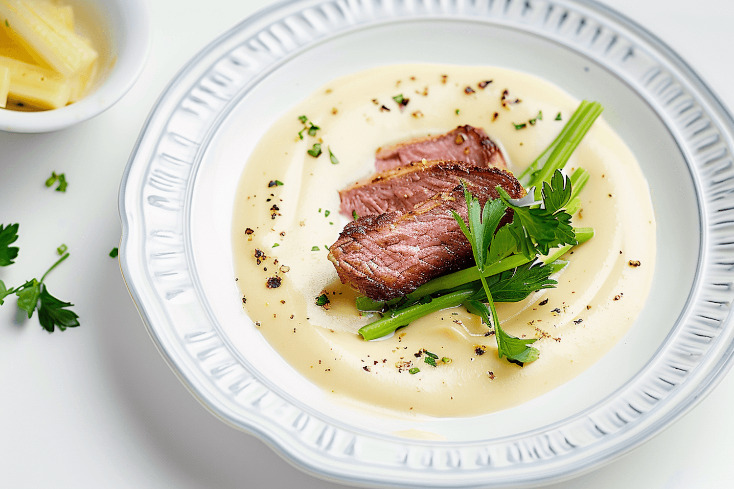Plated gourmet main course served in a fine dining restaurant