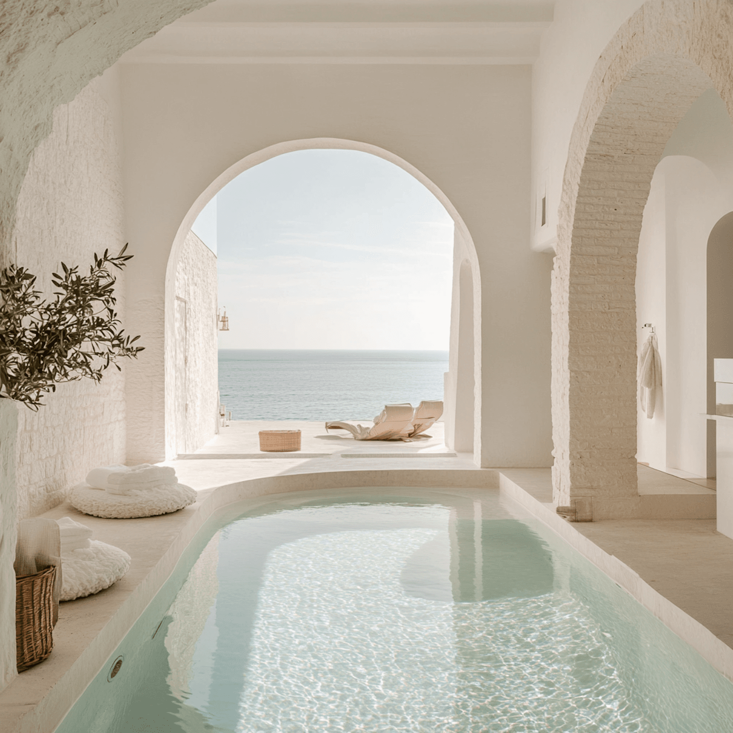 Colonnaded indoor hotel pool with stone arches and loungers