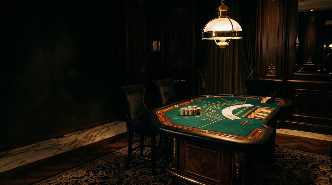 Private casino salon with a baccarat table lit by a brass pendant lamp