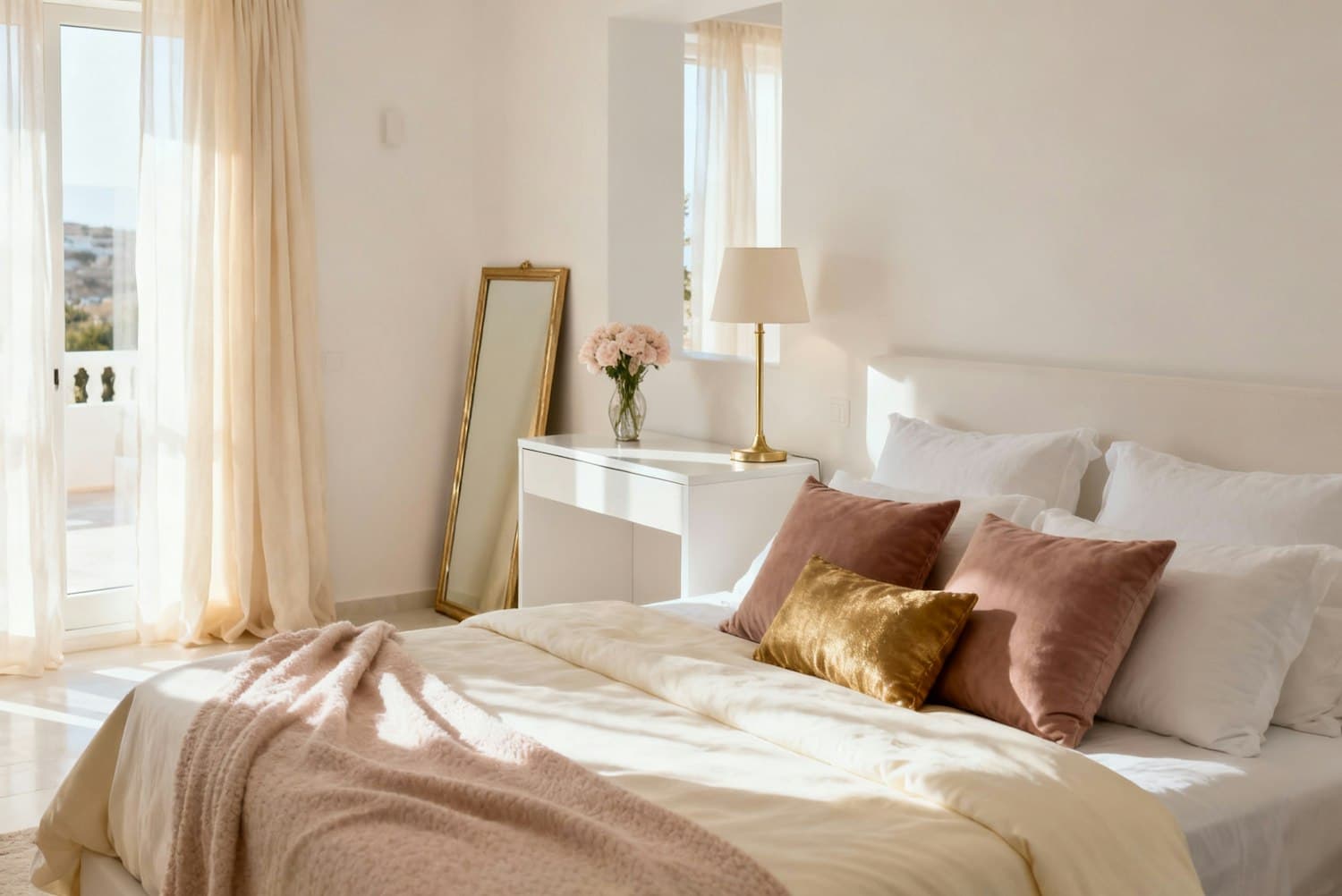 Elegant hotel bedroom suite with soft linen and warm lighting
