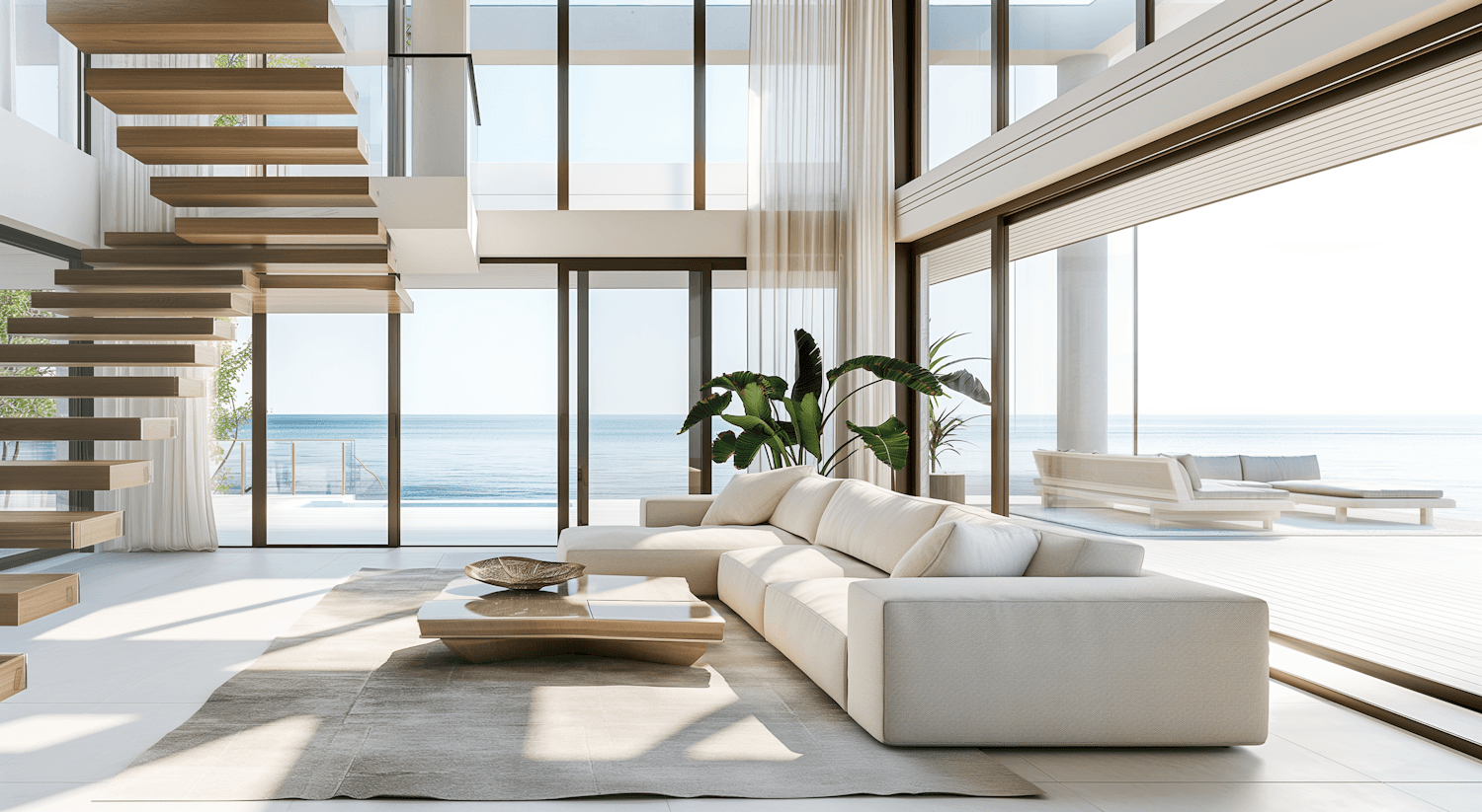 Penthouse living room with floor-to-ceiling windows overlooking the water