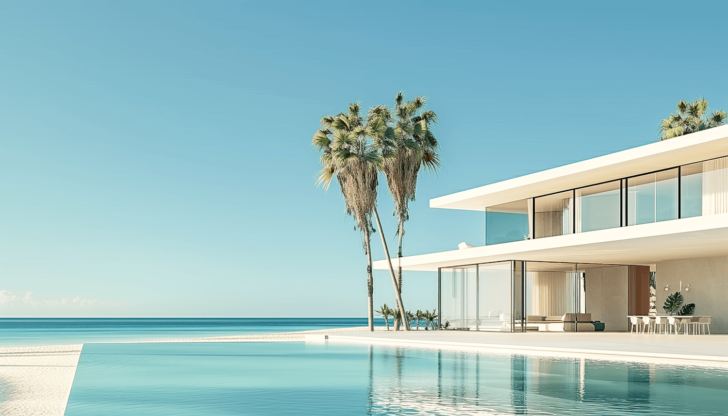 Private villa with an infinity pool and palm trees beside the ocean